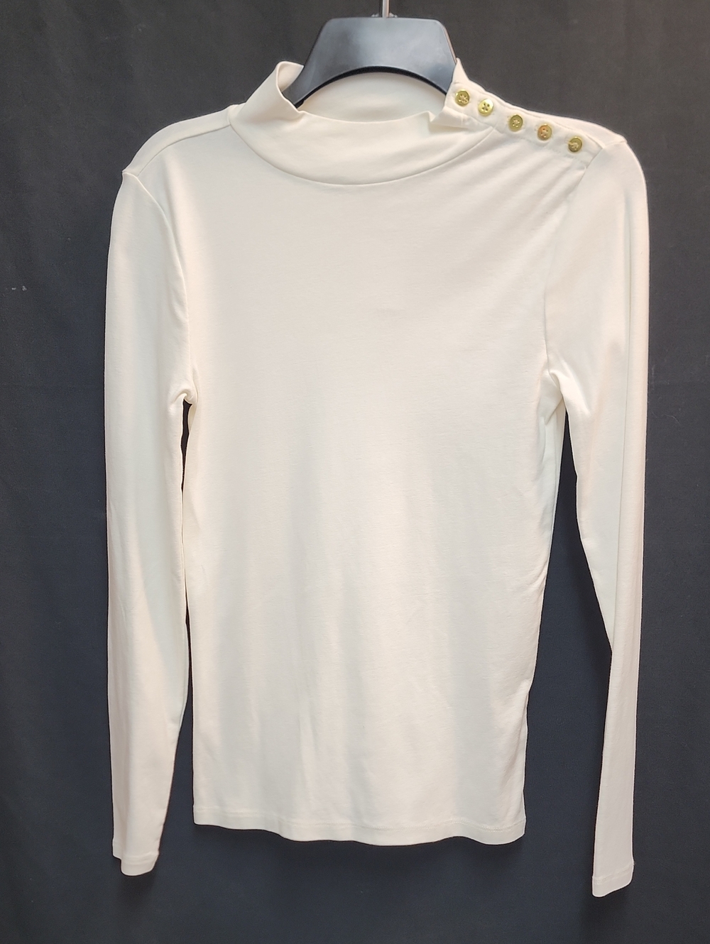J. Crew Cream Long-Sleeve Mock Neck Top with Gold Shoulder Buttons